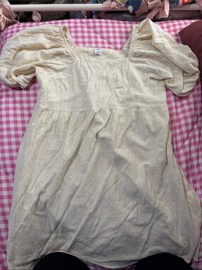 Cream Puff-Sleeve Square-Neck Dress
